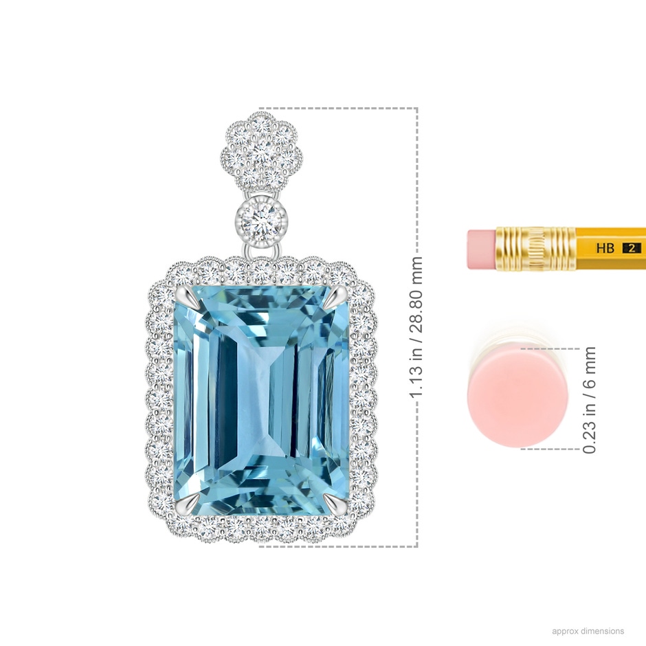 14.00x9.91x8.46mm AAAA GIA Certified Emerald cut Aquamarine Pendant with Floral Bale in 18K White Gold ruler