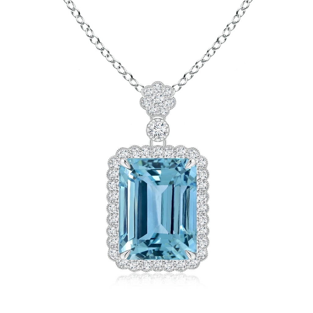14.00x9.91x8.46mm AAAA GIA Certified Emerald cut Aquamarine Pendant with Floral Bale in White Gold
