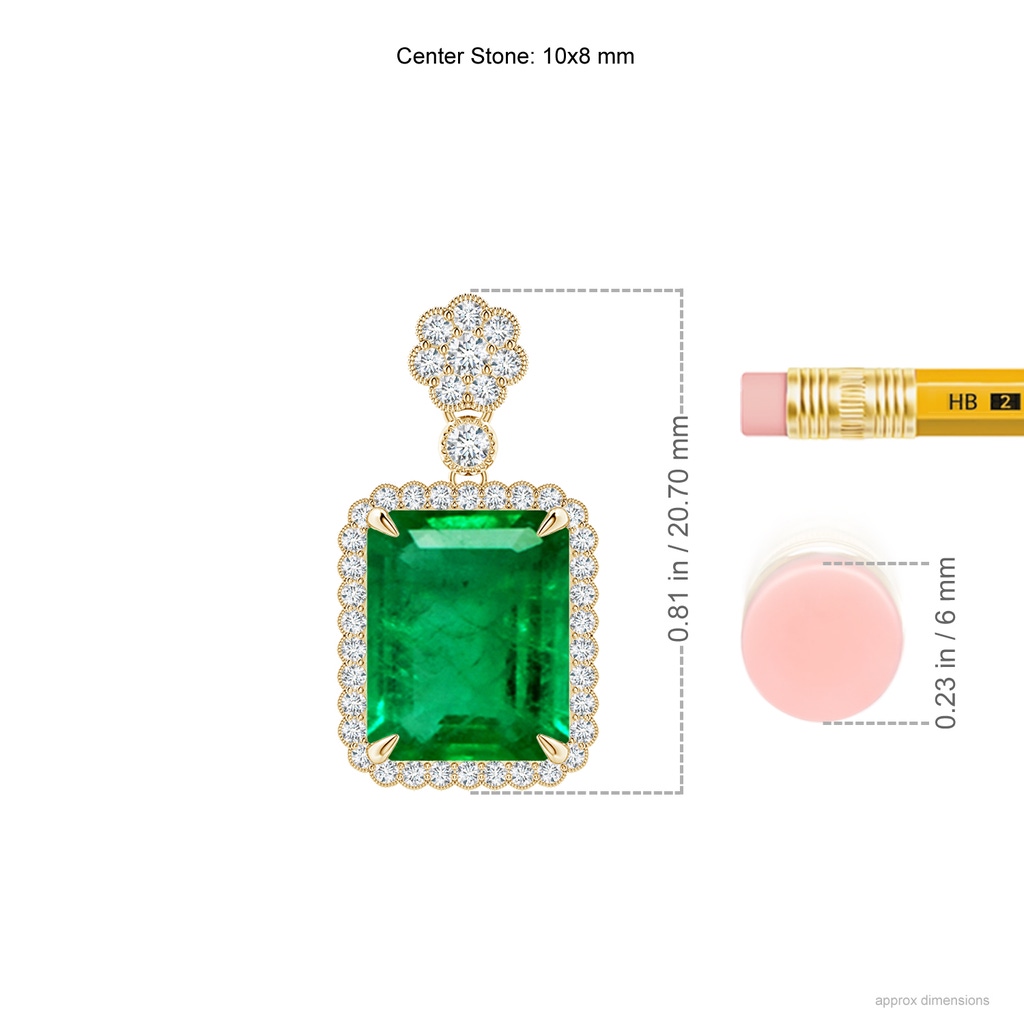 10x8mm AAA Emerald Cut Emerald Pendant with Floral Bale in Yellow Gold ruler