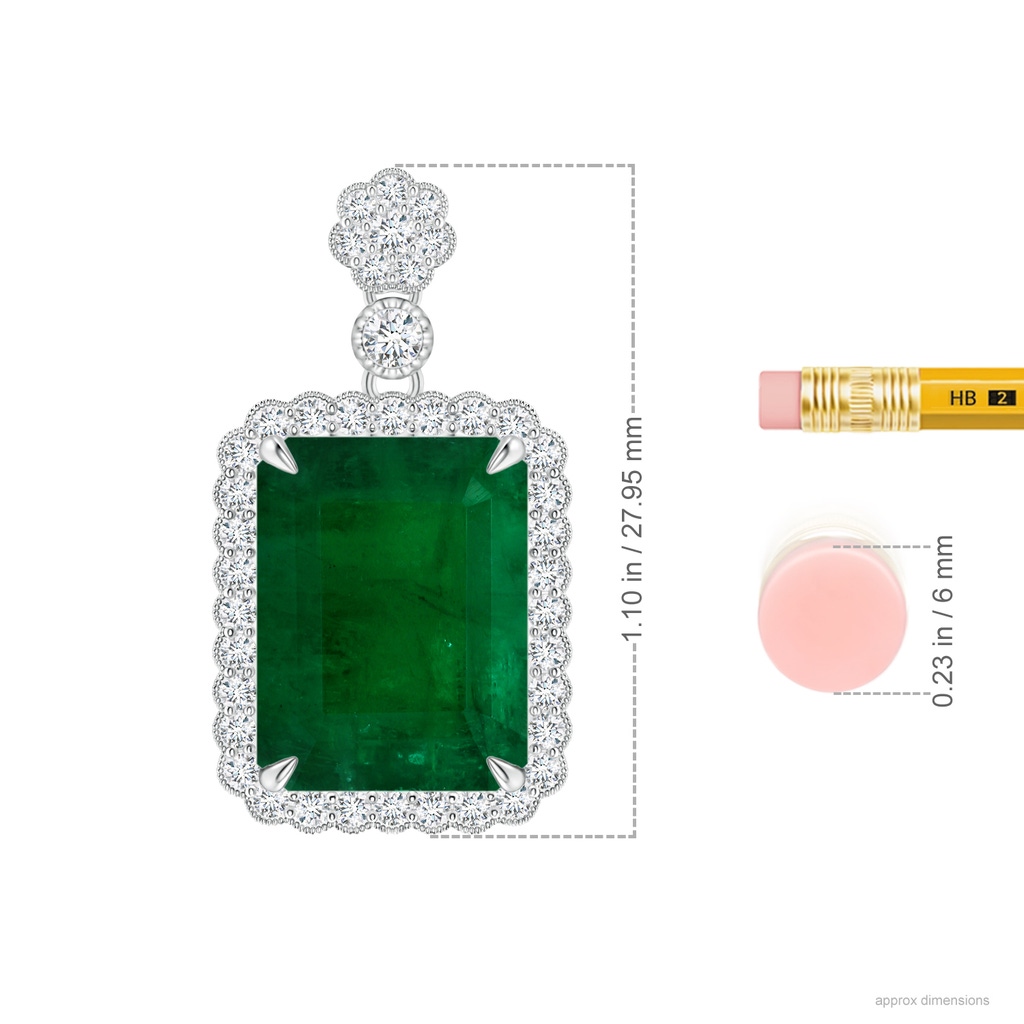 14.38x10.18x5.97mm AA GIA Certified Emerald Cut Emerald Pendant with Floral Bale in White Gold ruler