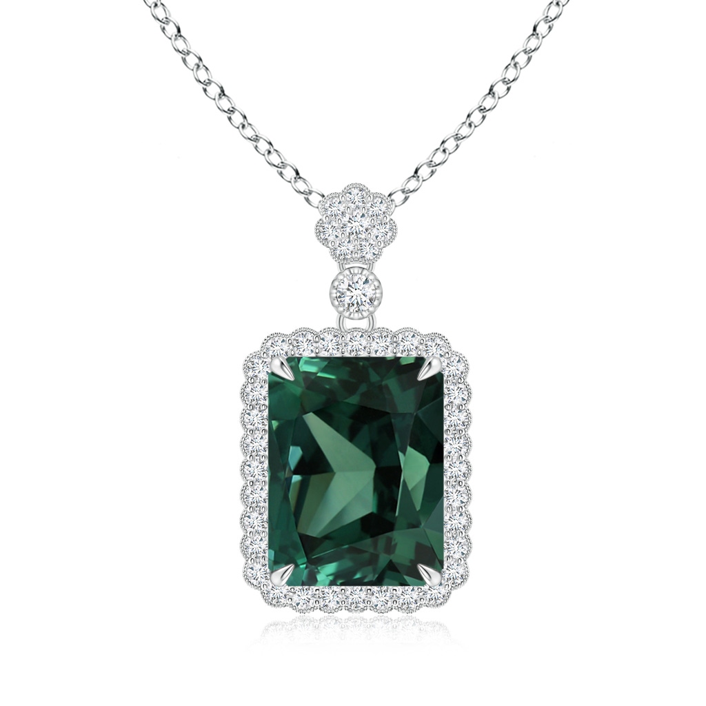 13.82x11.58x10.49mm AAAA GIA Certified Octagonal Green Sapphire (Teal) Floral Bale Pendant in White Gold
