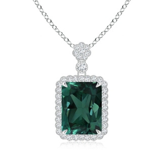 13.82x11.58x10.49mm AAAA GIA Certified Octagonal Teal Color Sapphire Floral Bale Pendant in White Gold