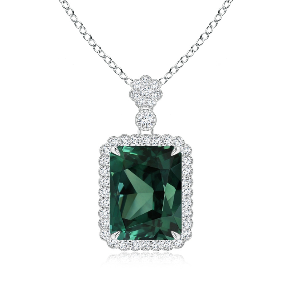 13.82x11.58x10.49mm AAAA GIA Certified Octagonal Green Sapphire (Teal) Floral Bale Pendant in White Gold 