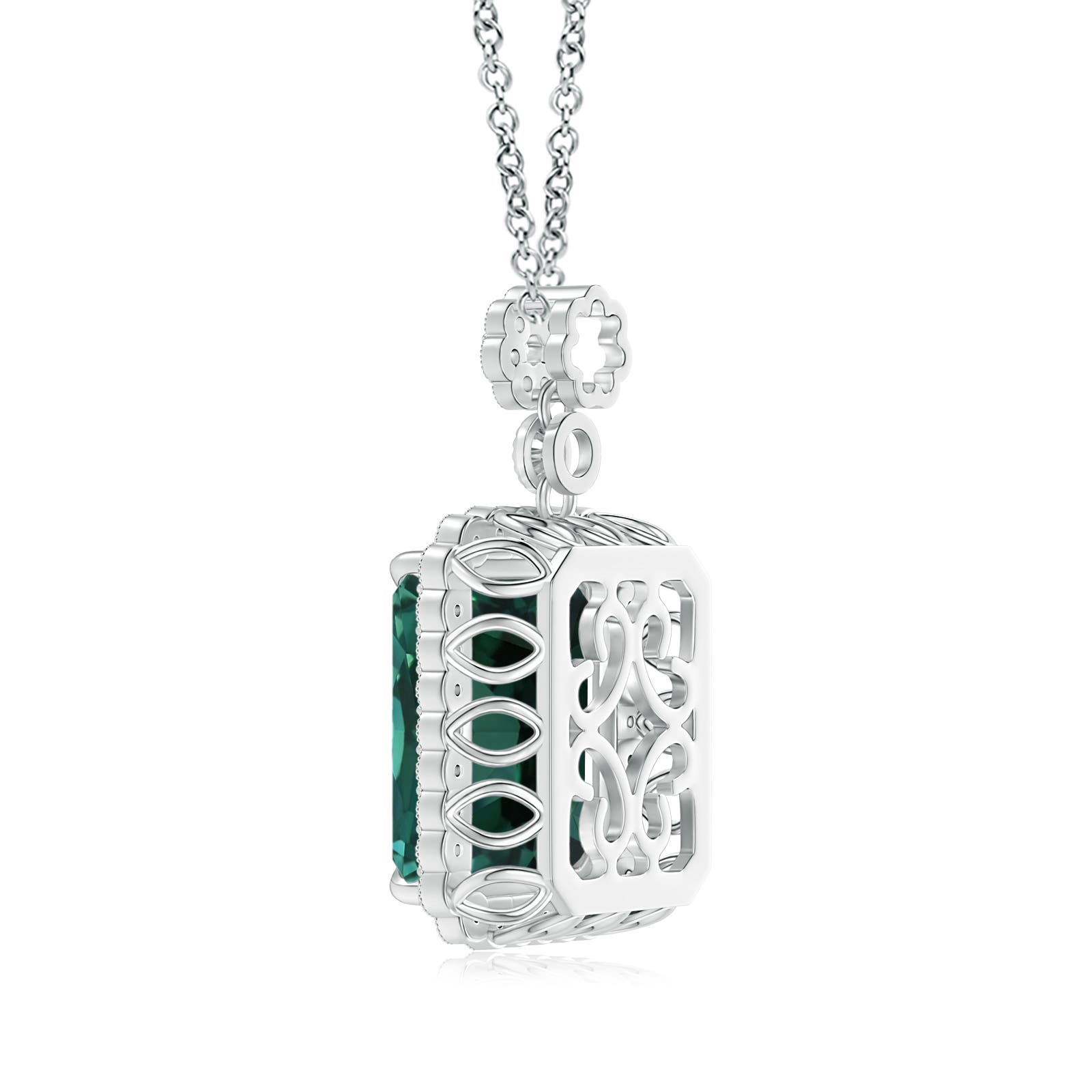13.82x11.58x10.49mm AAAA GIA Certified Octagonal Teal Color Sapphire Floral Bale Pendant in White Gold
