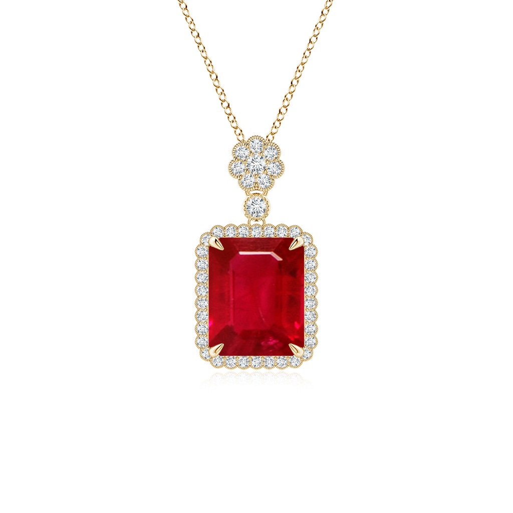 10x8mm AAA Emerald cut Ruby Pendant with Floral Bale in Yellow Gold