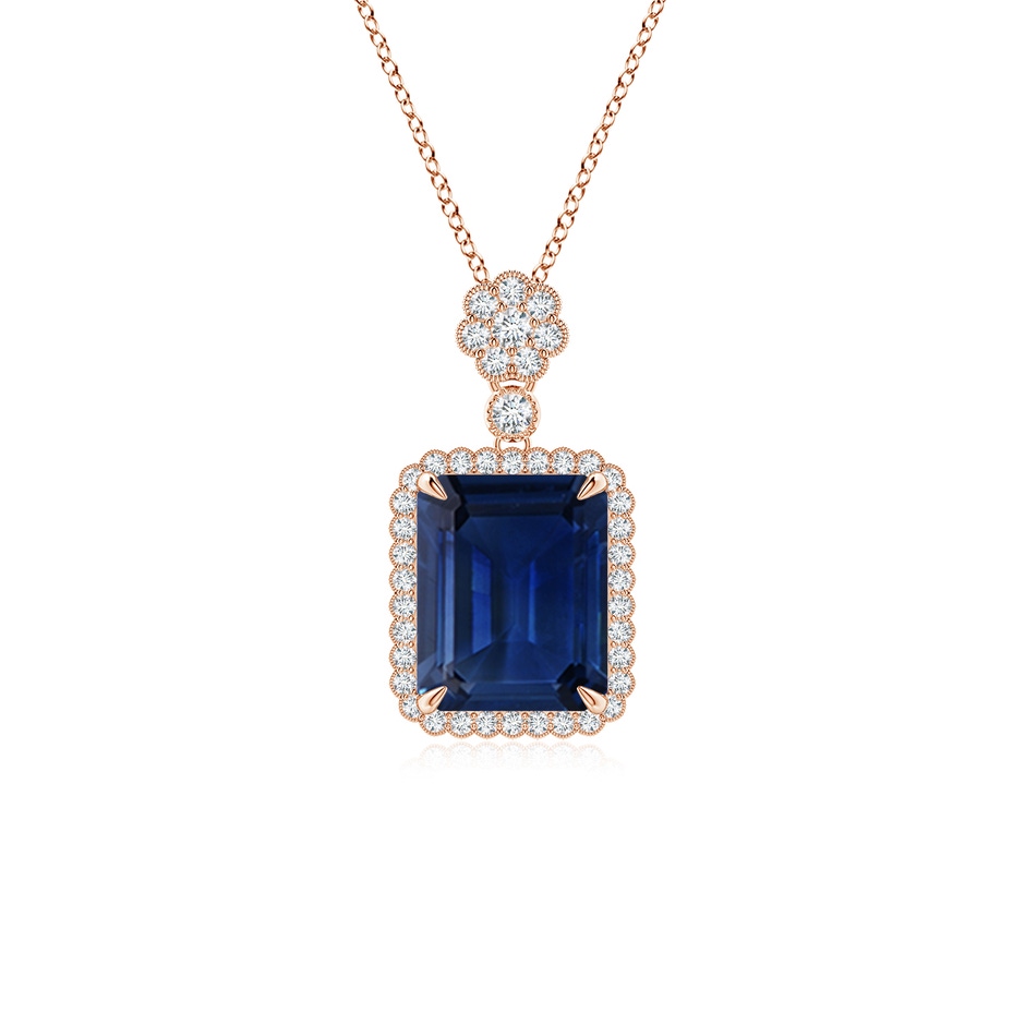 10x8mm AAA Emerald cut Blue Sapphire Pendant with Floral Bale in Rose Gold 