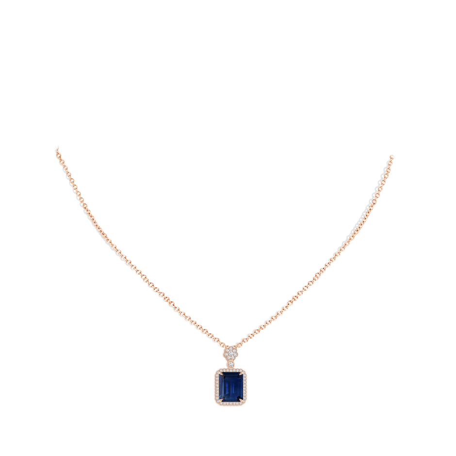 10x8mm AAA Emerald cut Blue Sapphire Pendant with Floral Bale in Rose Gold pen