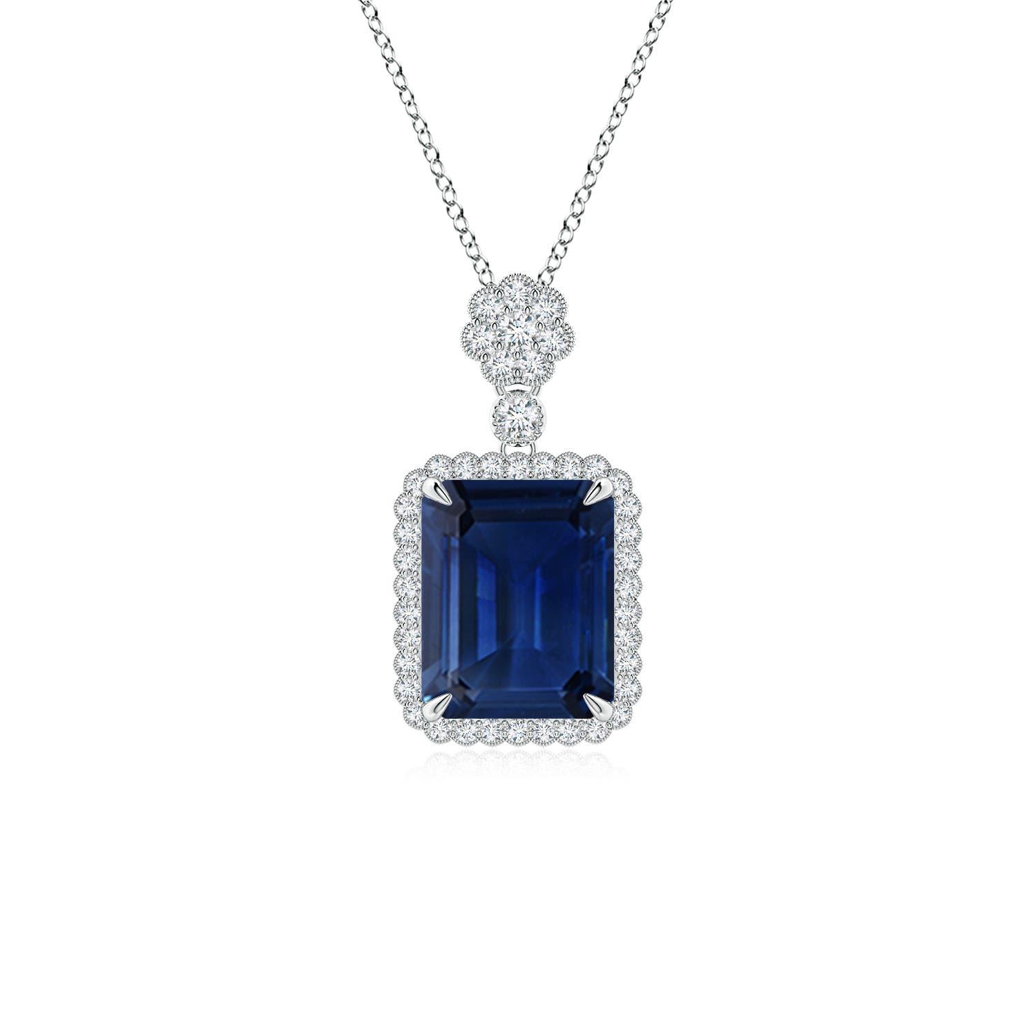 Emerald cut Blue Sapphire Pendant with Floral Bale