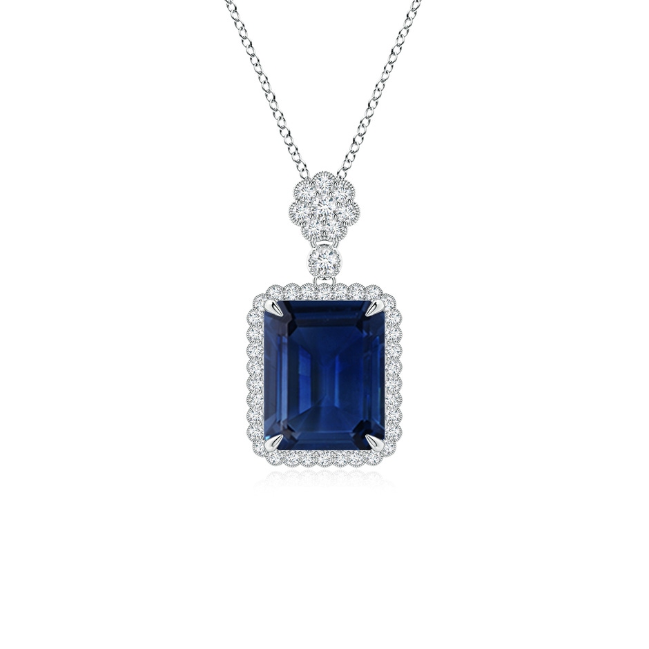 10x8mm AAA Emerald cut Blue Sapphire Pendant with Floral Bale in White Gold 