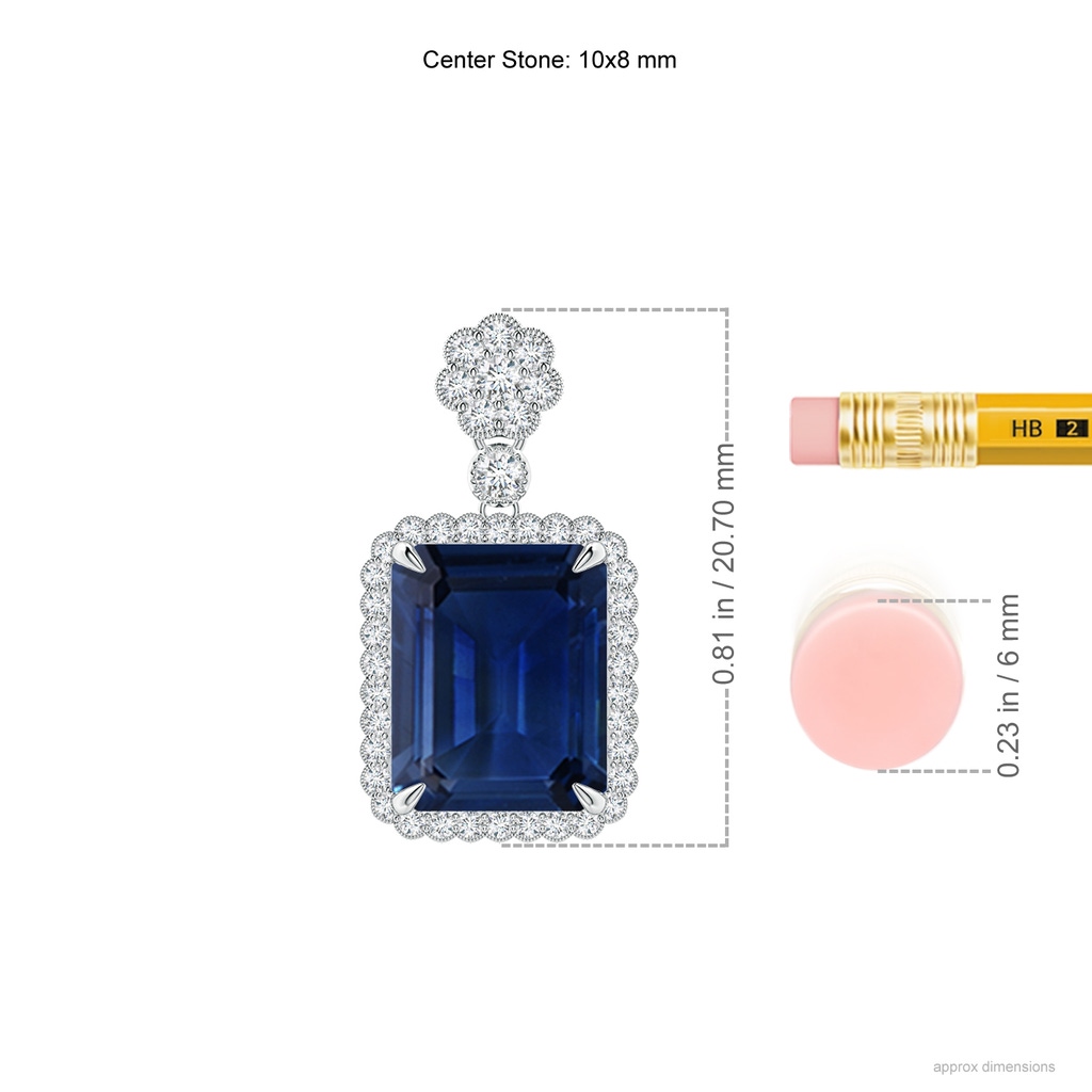 10x8mm AAA Emerald cut Blue Sapphire Pendant with Floral Bale in White Gold ruler