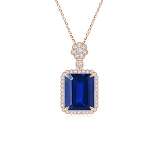 10x8mm Lab-Grown Emerald cut Blue Sapphire Pendant with Floral Bale in Rose Gold