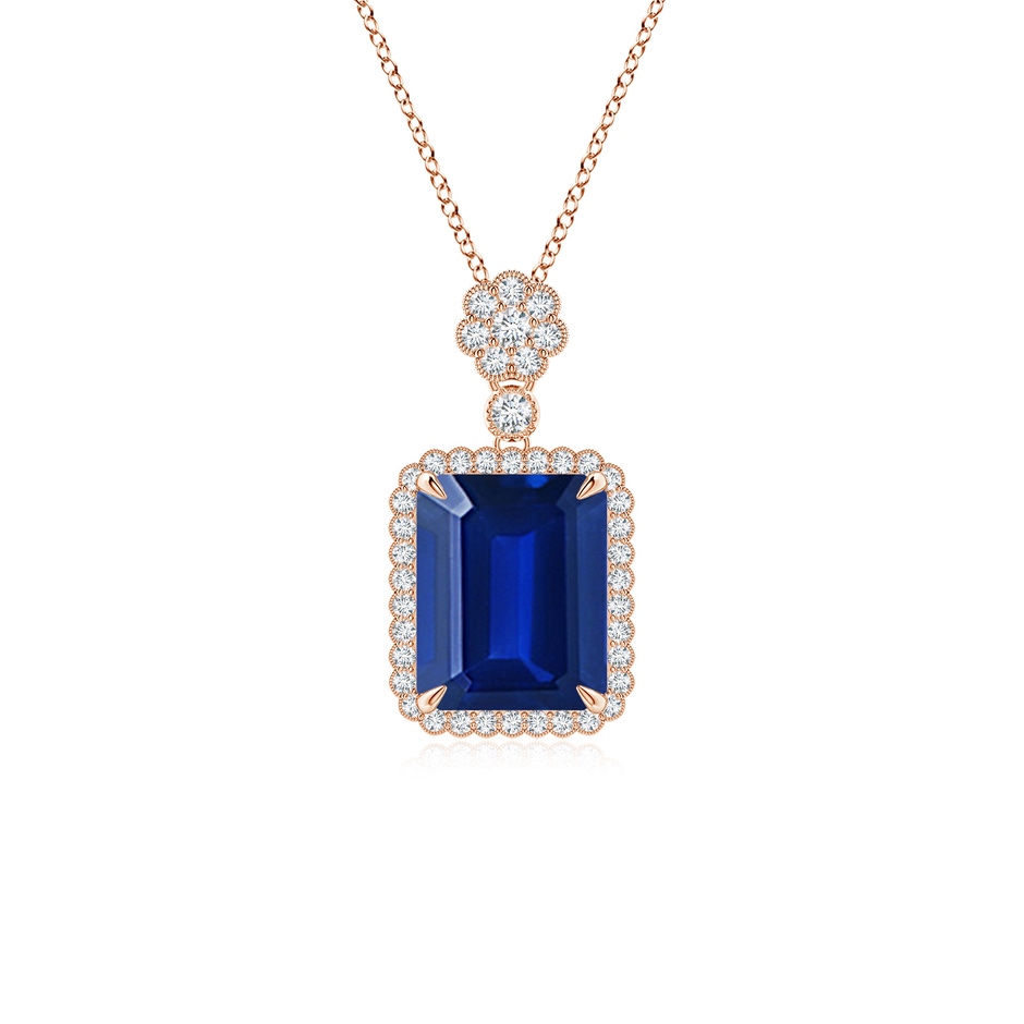 10x8mm AAAA Emerald cut Blue Sapphire Pendant with Floral Bale in Rose Gold 