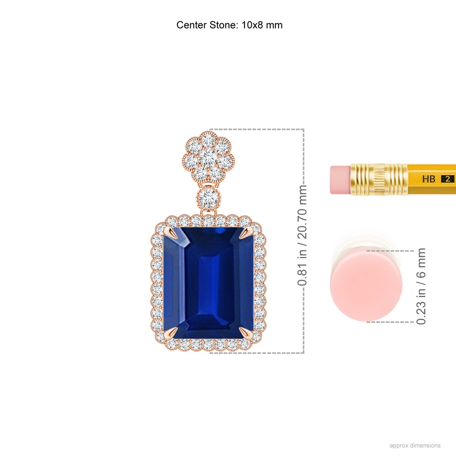 10x8mm AAAA Emerald cut Blue Sapphire Pendant with Floral Bale in Rose Gold ruler