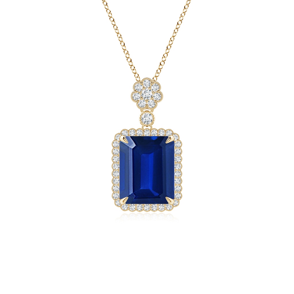 10x8mm Lab-Grown Emerald cut Blue Sapphire Pendant with Floral Bale in Yellow Gold