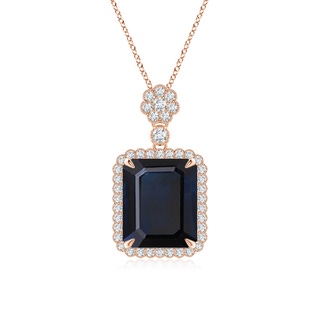 12x10mm A Emerald cut Blue Sapphire Pendant with Floral Bale in Rose Gold