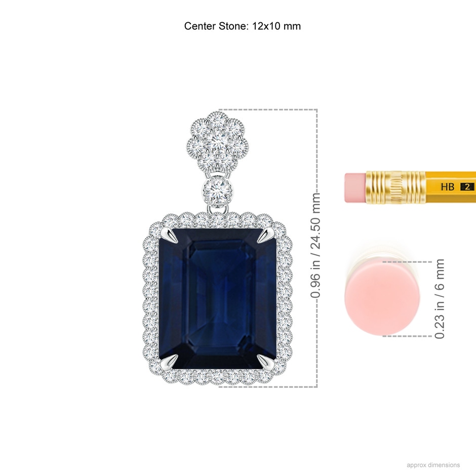 12x10mm AA Emerald cut Blue Sapphire Pendant with Floral Bale in P950 Platinum ruler