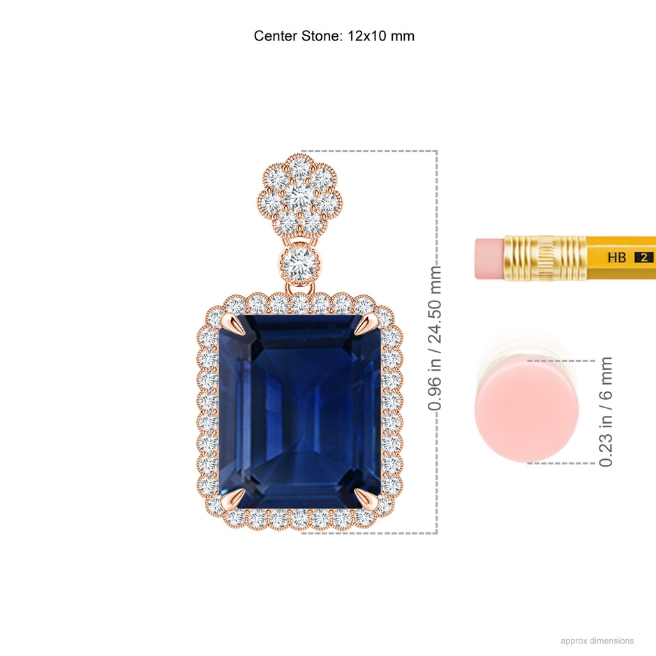 12x10mm AAA Emerald cut Blue Sapphire Pendant with Floral Bale in Rose Gold ruler