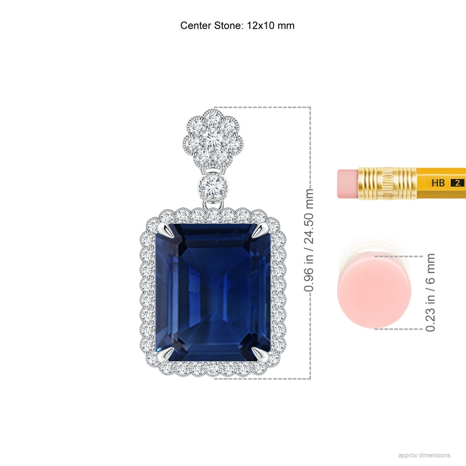 12x10mm AAA Emerald cut Blue Sapphire Pendant with Floral Bale in S999 Silver ruler