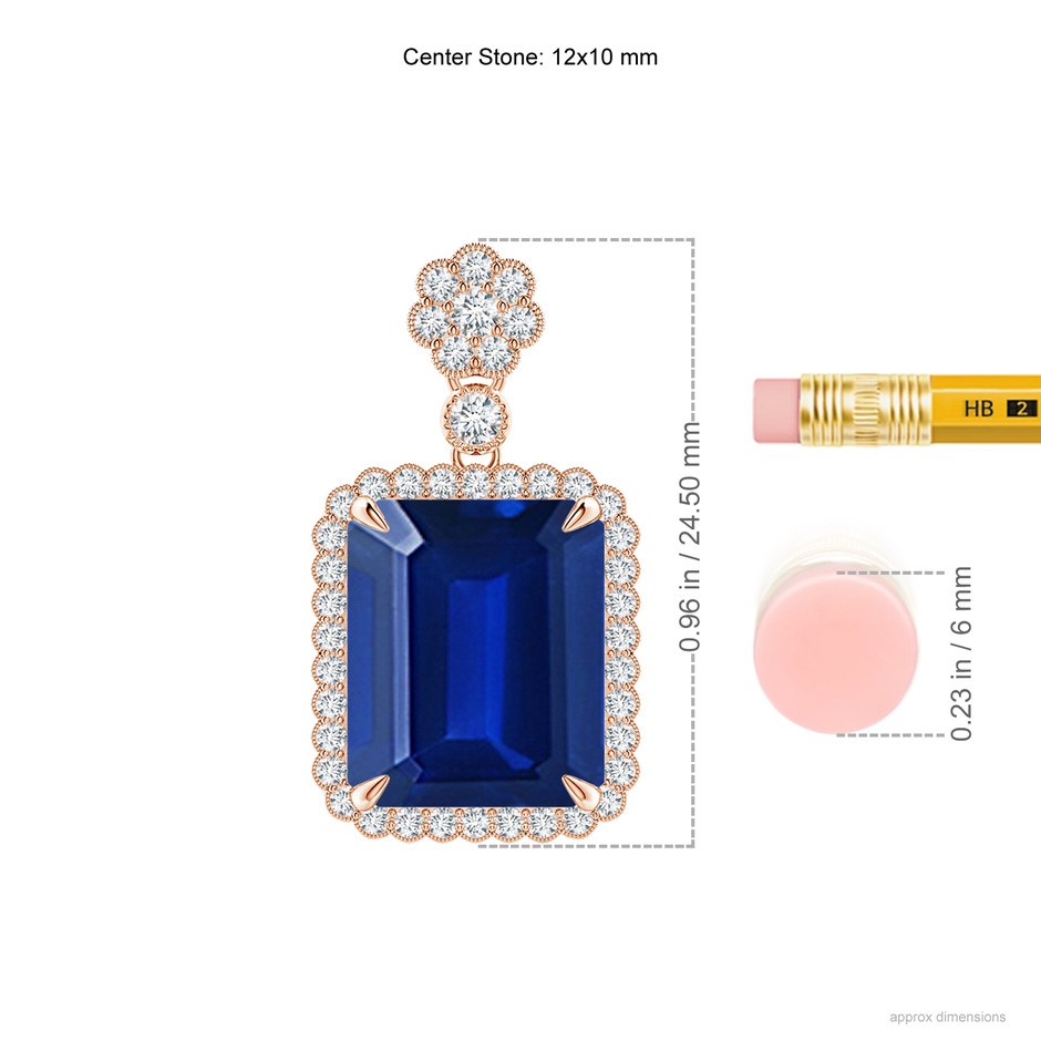 12x10mm Lab-Grown Emerald cut Blue Sapphire Pendant with Floral Bale in Rose Gold ruler