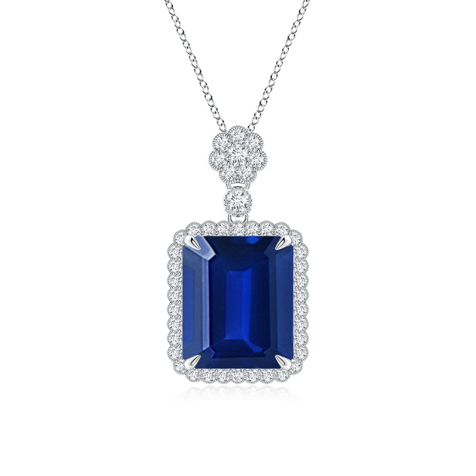 12x10mm Lab-Grown Emerald cut Blue Sapphire Pendant with Floral Bale in White Gold 