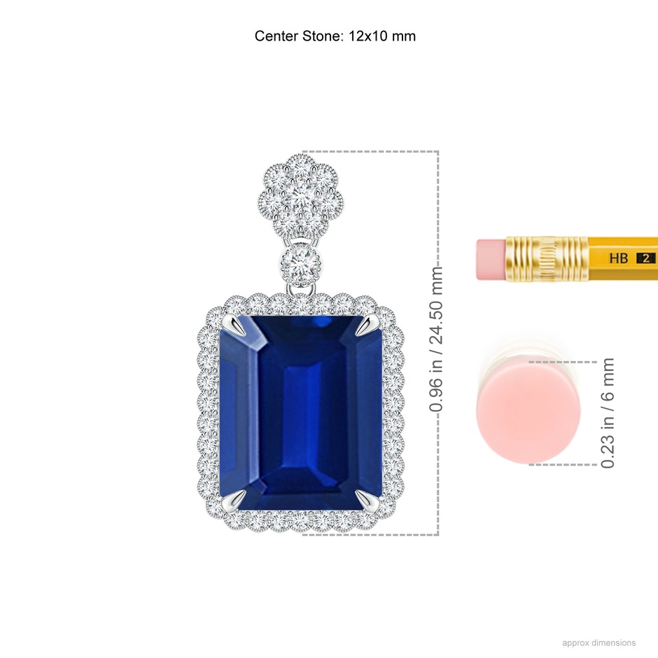 12x10mm Lab-Grown Emerald cut Blue Sapphire Pendant with Floral Bale in White Gold ruler