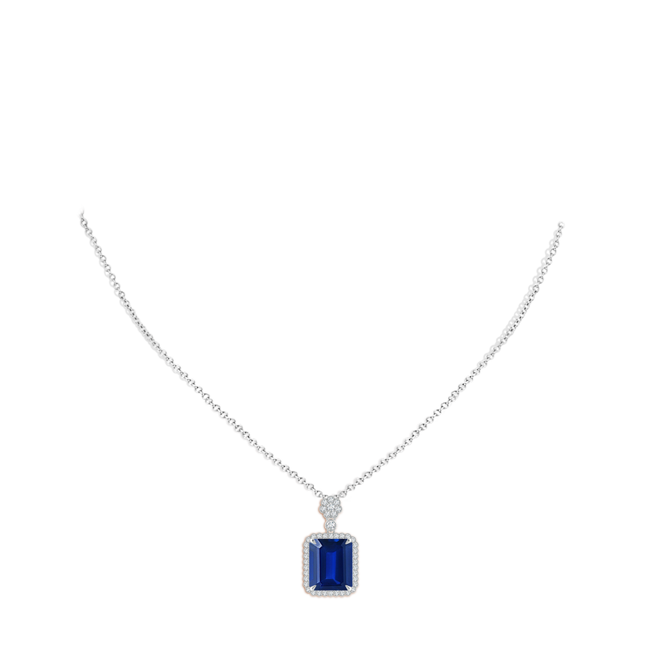 12x10mm Lab-Grown Emerald cut Blue Sapphire Pendant with Floral Bale in White Gold pen