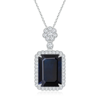 14x10mm A Emerald cut Blue Sapphire Pendant with Floral Bale in P950 Platinum