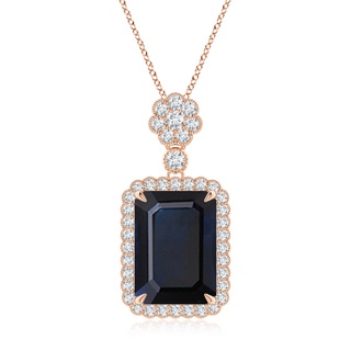 14x10mm A Emerald cut Blue Sapphire Pendant with Floral Bale in Rose Gold