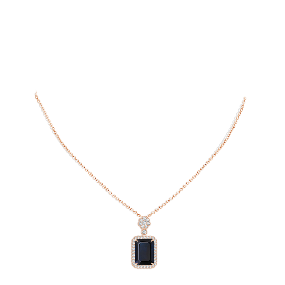 14x10mm A Emerald cut Blue Sapphire Pendant with Floral Bale in Rose Gold pen