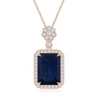 14x10mm AA Emerald cut Blue Sapphire Pendant with Floral Bale in Rose Gold