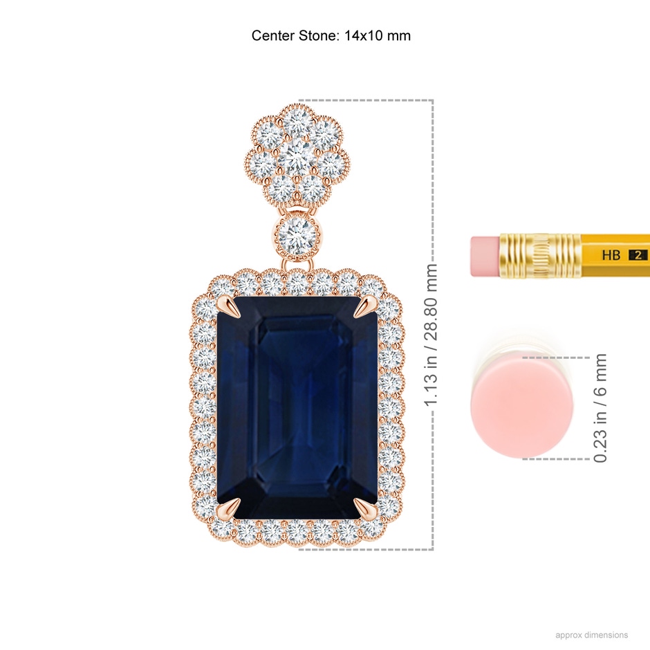 14x10mm AA Emerald cut Blue Sapphire Pendant with Floral Bale in Rose Gold ruler