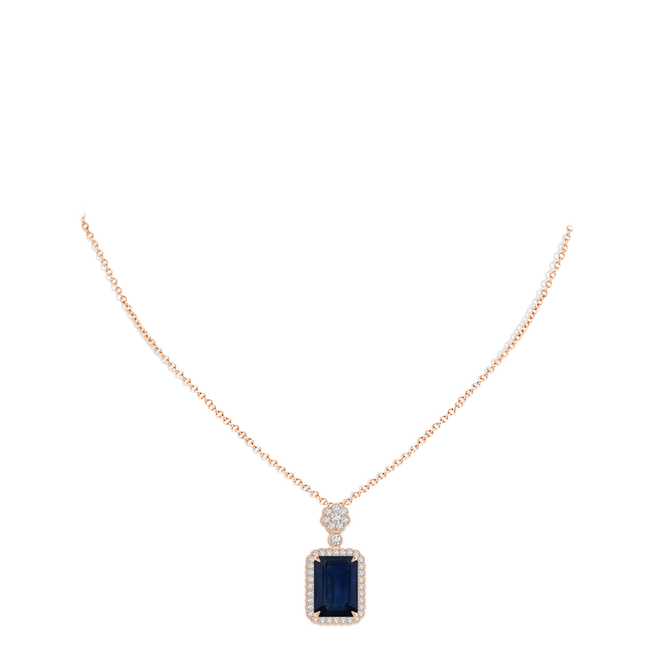 14x10mm AA Emerald cut Blue Sapphire Pendant with Floral Bale in Rose Gold pen