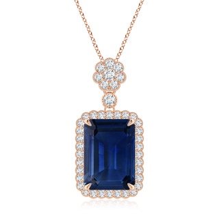 14x10mm AAA Emerald cut Blue Sapphire Pendant with Floral Bale in Rose Gold