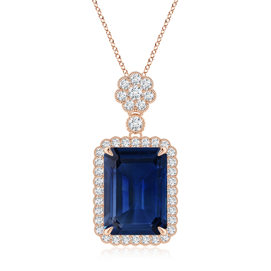 14x10mm AAA Emerald cut Blue Sapphire Pendant with Floral Bale in Rose Gold 