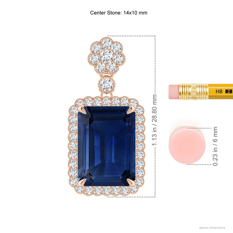 14x10mm AAA Emerald cut Blue Sapphire Pendant with Floral Bale in Rose Gold ruler