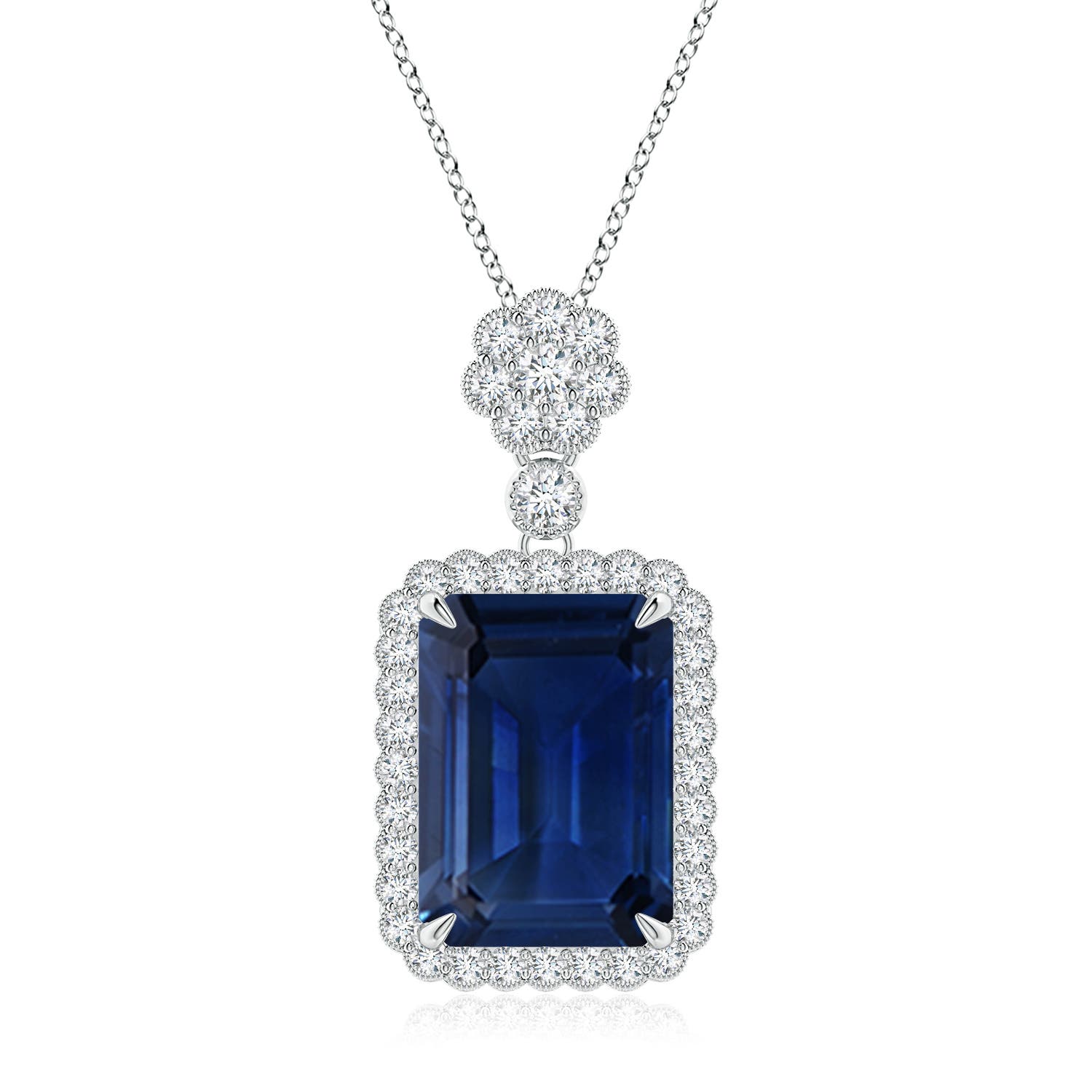 Angara 7.42 CTW Emerald cut Blue Sapphire Pendant with Floral Bale in Silver