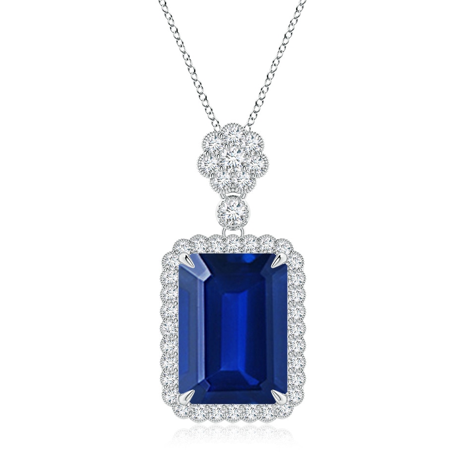 14x10mm Lab-Grown Emerald cut Blue Sapphire Pendant with Floral Bale in P950 Platinum 