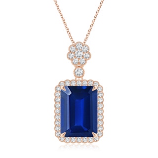 14x10mm AAAA Emerald cut Blue Sapphire Pendant with Floral Bale in Rose Gold