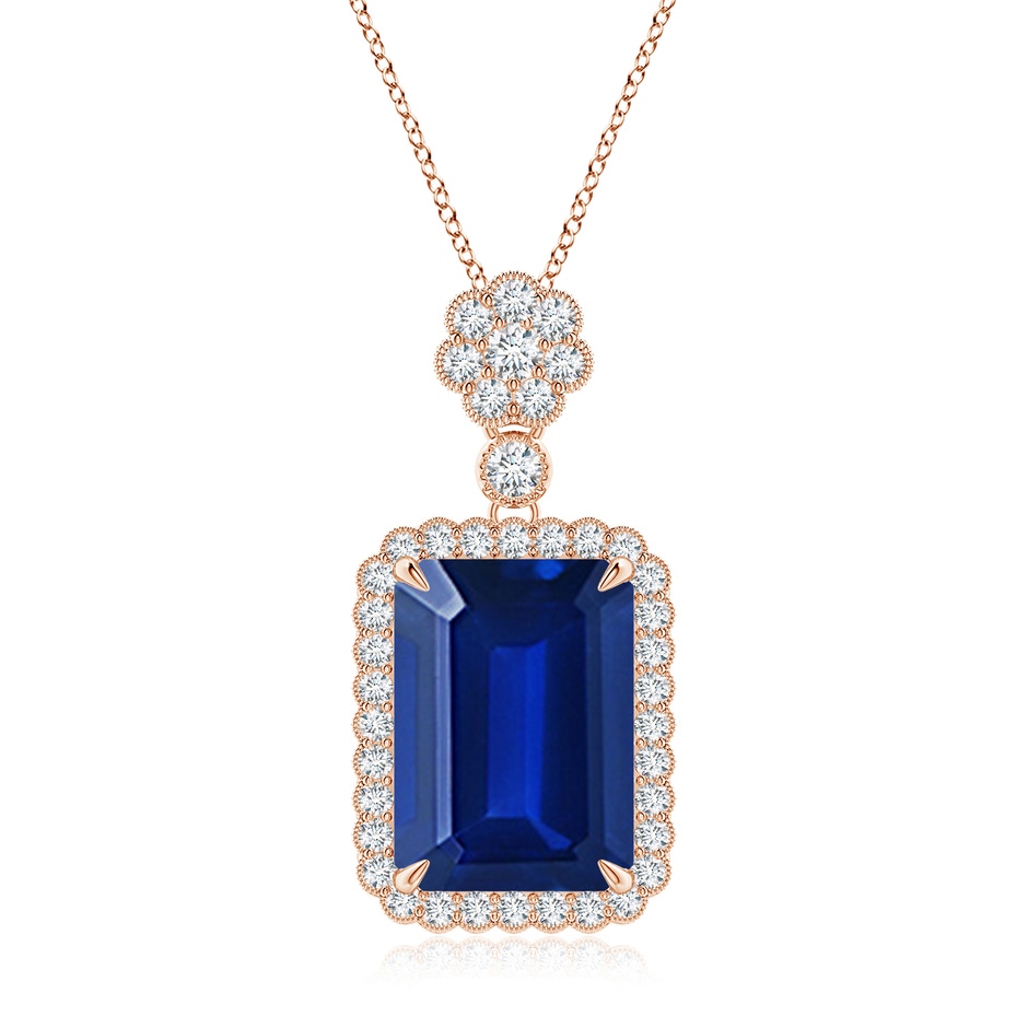 14x10mm Lab-Grown Emerald cut Blue Sapphire Pendant with Floral Bale in Rose Gold 