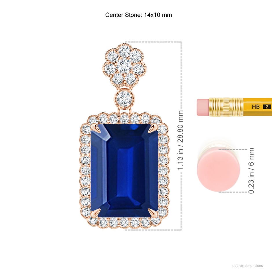 14x10mm Lab-Grown Emerald cut Blue Sapphire Pendant with Floral Bale in Rose Gold ruler