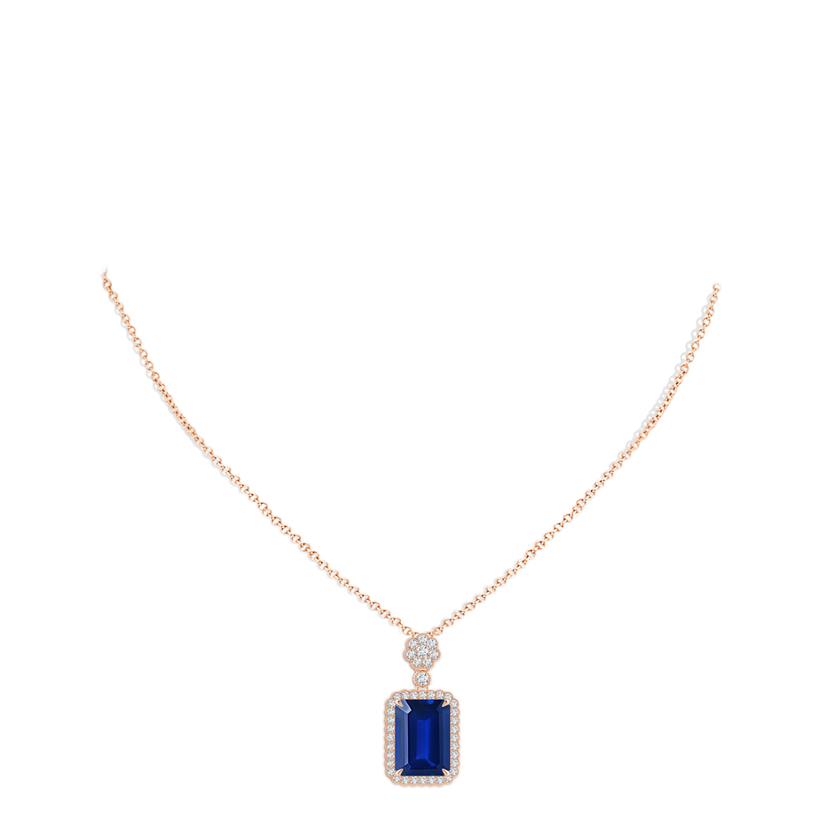 14x10mm Lab-Grown Emerald cut Blue Sapphire Pendant with Floral Bale in Rose Gold pen