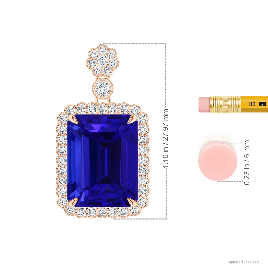 13.42x10.94x9.78mm AAAA GIA Certified Octagonal Tanzanite Pendant with Floral Bale in Rose Gold ruler