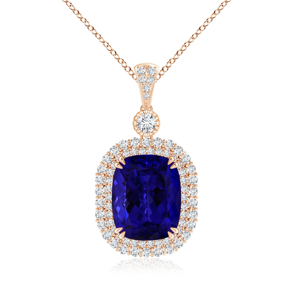 16.50x11.64x8.75mm AAAA GIA Certified Cushion Tanzanite Double Halo Pendant in 18K Rose Gold 