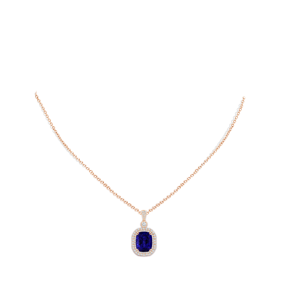 16.50x11.64x8.75mm AAAA GIA Certified Cushion Tanzanite Double Halo Pendant in 18K Rose Gold pen