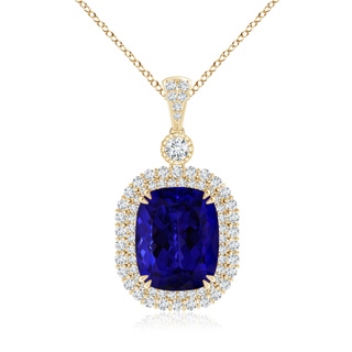 16.50x11.64x8.75mm AAAA GIA Certified Cushion Tanzanite Double Halo Pendant in Yellow Gold