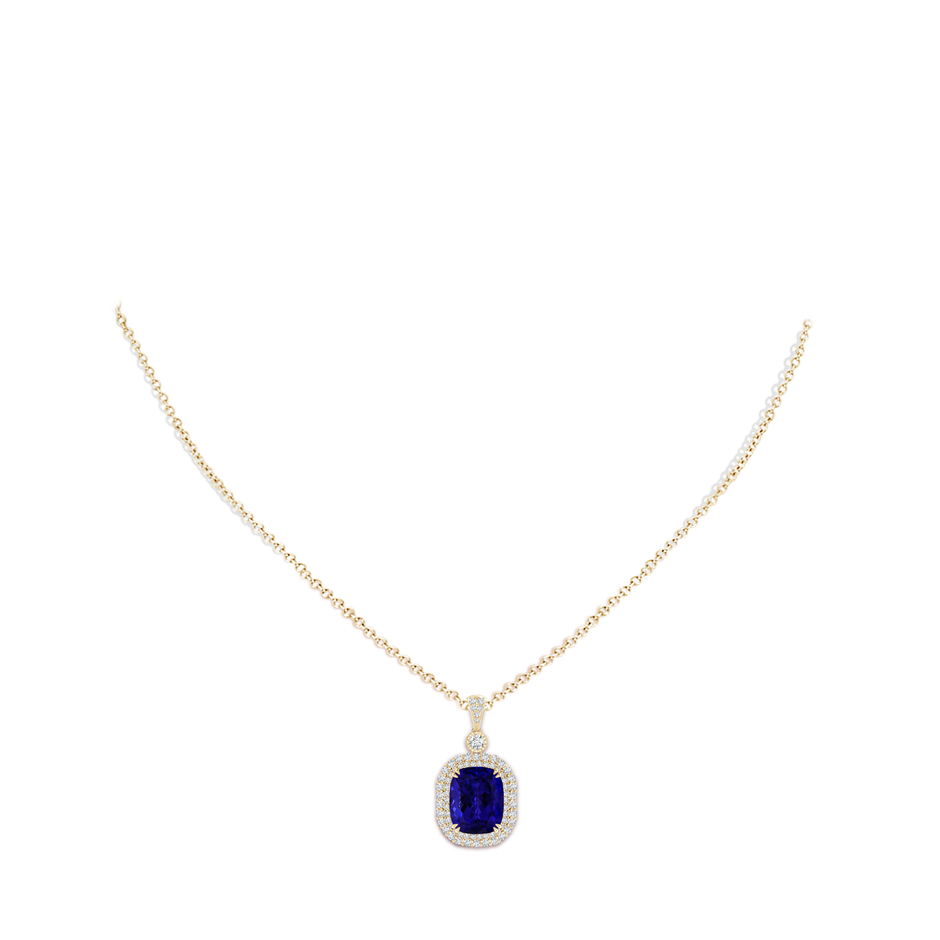 16.50x11.64x8.75mm AAAA GIA Certified Cushion Tanzanite Double Halo Pendant in Yellow Gold body-neck