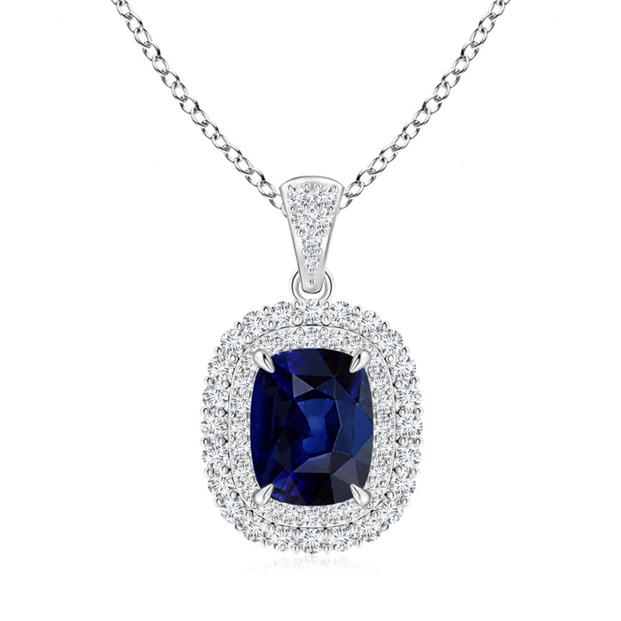 9x7mm AAA Vintage Style Sapphire Double Halo Pendant in White Gold 