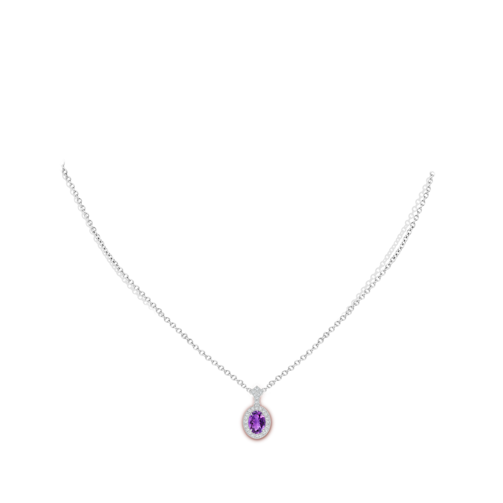 9x7mm AAA Milgrain-Edged Oval Amethyst and Diamond Halo Pendant in White Gold Body-Neck
