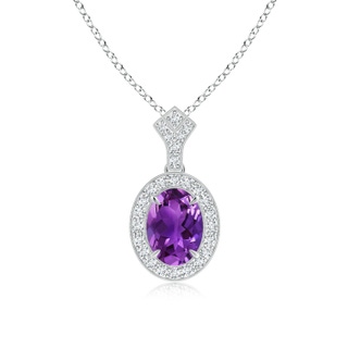 9x7mm AAAA Milgrain-Edged Oval Amethyst and Diamond Halo Pendant in White Gold