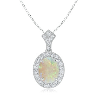 10x8mm AAA Milgrain-Edged Oval Opal and Diamond Halo Pendant in 9K White Gold